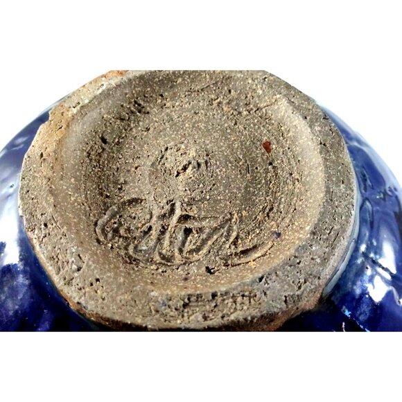 Handcrafted Blue & Brown Artist Signed Ceramic Bowl-Small Chip on Rim - Picture 6 of 12